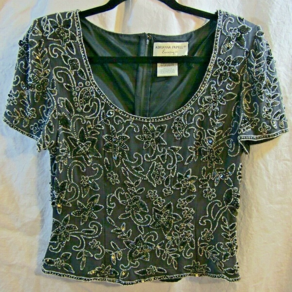 ADRIANNA PAPELL EVENING Gray Sequin Silk Top